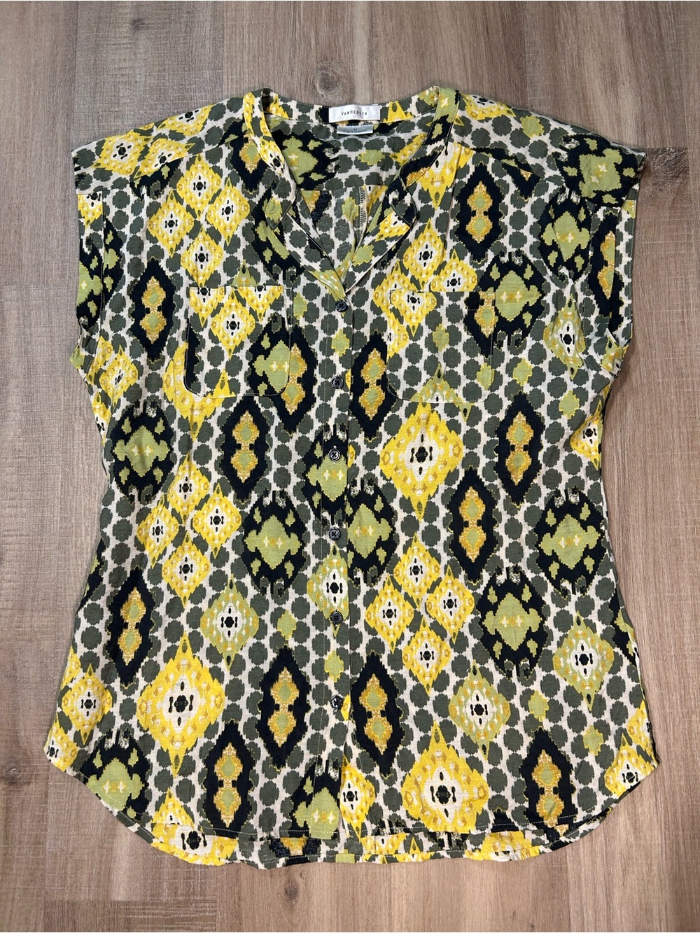 Van Heusen Yellow & Olive Geometric Print Short Sleeve Blouse